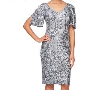 NWT Alex Evenings v-neck silver sequin cocktail dress with flutter sleeves